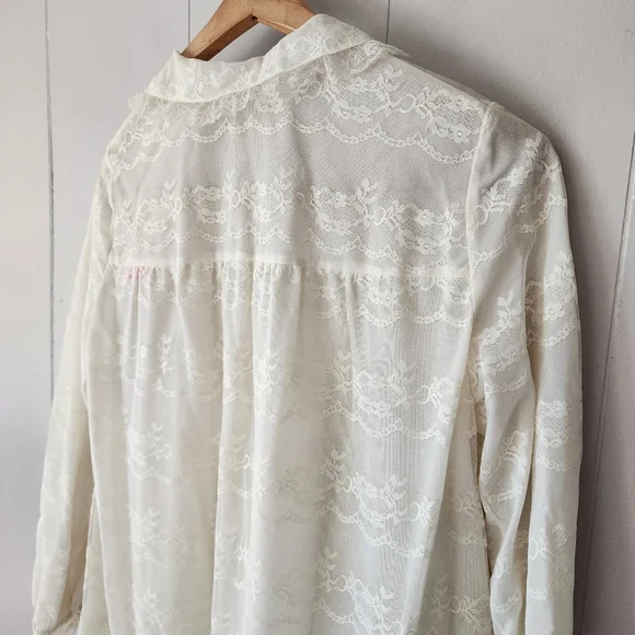 Vintage Odette Barsa Ivory Lace Peignoir Robe 1950s Sheer Blue Ribbon - Picture 14 of 15
